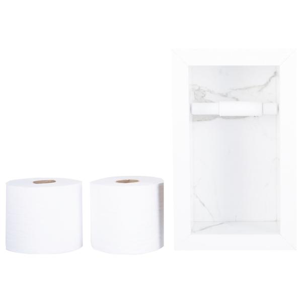 Nicho Em Porcelanato Com Prateleira De Vidro Para Banheiro E Porta Papel Higiênico - Carrara - Kit - In Company Home Imagem de Nicho Em Porcelanato Com Prateleira De Vidro Para Banheiro E Porta Papel Higiênico - Carrara - Kit