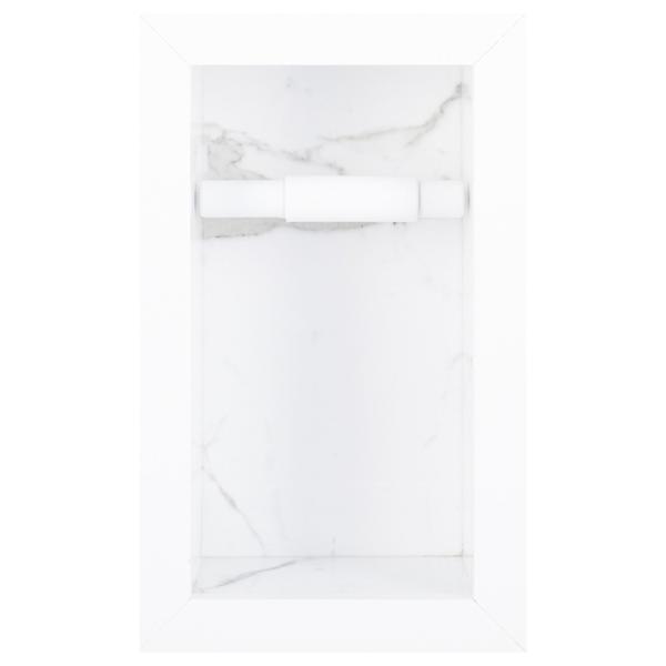 Nicho Em Porcelanato Com Prateleira De Vidro Para Banheiro E Porta Papel Higiênico - Carrara - Kit - In Company Home Imagem de Nicho Em Porcelanato Com Prateleira De Vidro Para Banheiro E Porta Papel Higiênico - Carrara - Kit