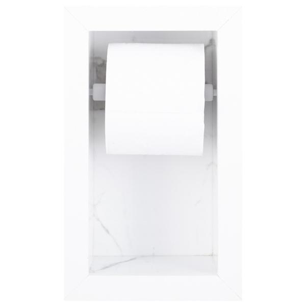 Nicho Em Porcelanato Com Prateleira De Vidro Para Banheiro E Porta Papel Higiênico - Carrara - Kit - In Company Home Imagem de Nicho Em Porcelanato Com Prateleira De Vidro Para Banheiro E Porta Papel Higiênico - Carrara - Kit