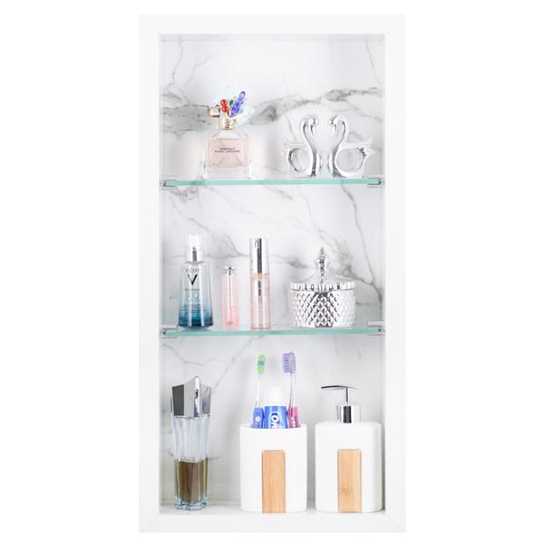 Nicho Em Porcelanato Com Prateleira De Vidro Para Banheiro E Porta Papel Higiênico - Carrara - Kit - In Company Home Imagem de Nicho Em Porcelanato Com Prateleira De Vidro Para Banheiro E Porta Papel Higiênico - Carrara - Kit