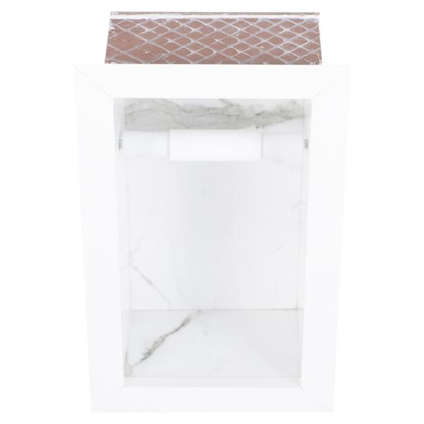 Nicho Em Porcelanato Com Prateleira De Vidro Para Banheiro E Porta Papel Higiênico - Carrara - Kit - In Company Home Imagem de Nicho Em Porcelanato Com Prateleira De Vidro Para Banheiro E Porta Papel Higiênico - Carrara - Kit