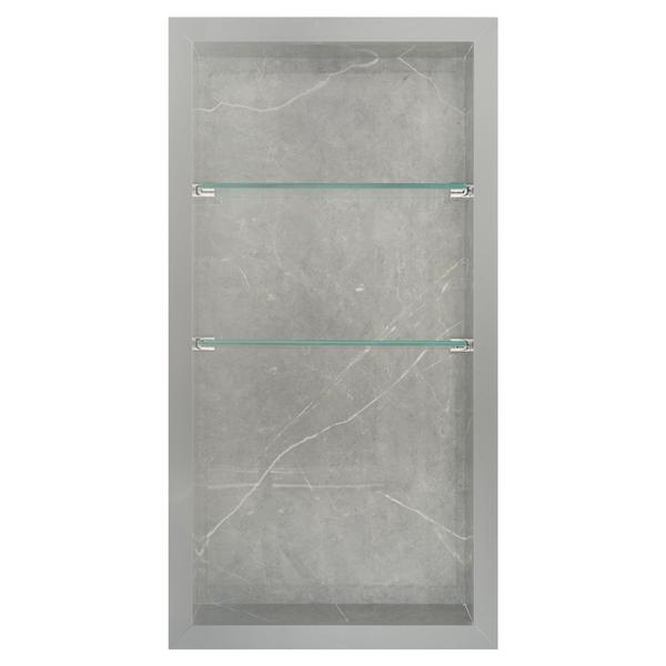 Nicho Em Porcelanato Para Banheiro E Nicho com Prateleira De Vidro - Kit com 2 peças (Cinza) - Oeste Home Imagem de Nicho Em Porcelanato Para Banheiro E Nicho com Prateleira De Vidro - Kit com 2 peças (Cinza)