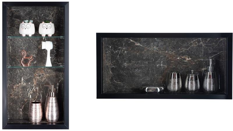 Nicho Em Porcelanato Para Banheiro E Nicho com Prateleira De Vidro - Kit com 2 Peças (Preto) - Oeste Home Imagem de Nicho Em Porcelanato Para Banheiro E Nicho com Prateleira De Vidro - Kit com 2 Peças (Preto)