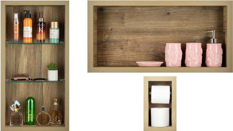 Nicho Em Porcelanato Para Banheiro - kit com 3 peças (Madeirado) - Incompany Imagem de Nicho Em Porcelanato Para Banheiro - kit com 3 peças (Madeirado)