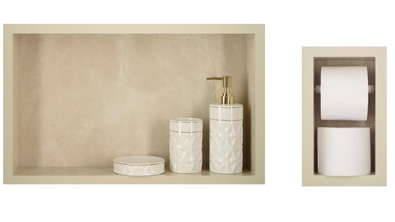 Nicho Para Banheiro Em Porcelanato E Porta Papel Higiênico Duplo - Kit com 2 peças (Bege 50) - Incompany Imagem de Nicho Para Banheiro Em Porcelanato E Porta Papel Higiênico Duplo - Kit com 2 peças (Bege 50)