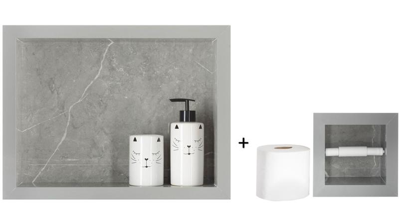 Nicho Para Banheiro Em Porcelanato Polido Porta Shampoo Sabonete e Porta Papel Higiênico (Cinza 40) - Incompany Imagem de Nicho Para Banheiro Em Porcelanato Polido Porta Shampoo Sabonete e Porta Papel Higiênico (Cinza 40)
