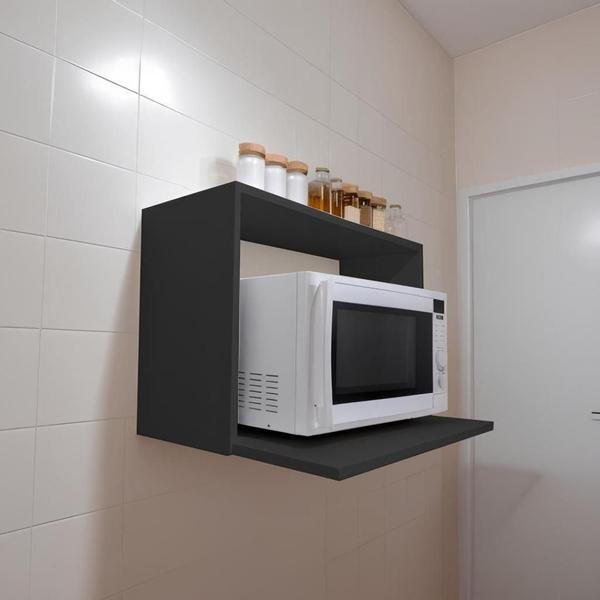 Imagem de Nicho Suporte Micro-ondas e Air Fryer MDF Cozinha Suspenso Preto Aéreo - Decoração e Organização