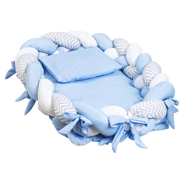 Ninho Redutor Berço Trançado Menino Azul 4 peças com Trança e Travesseiro - L2M Imagem de Ninho Redutor Berço Trançado Menino Azul 4 peças com Trança e Travesseiro