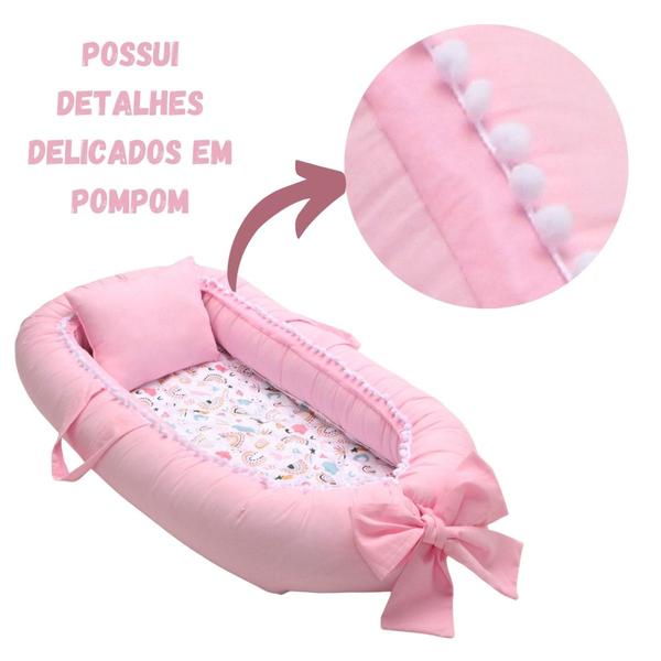 Imagem de Ninho Redutor de Berço c/ Almofadinha Detalhe Pompom Para Bebê Menina Menino