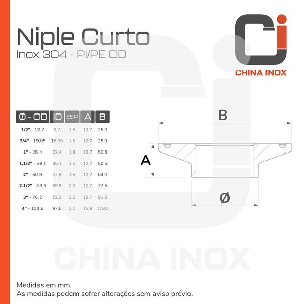 Imagem de Niple curto inox 304 tc - diâmetro 1/2"