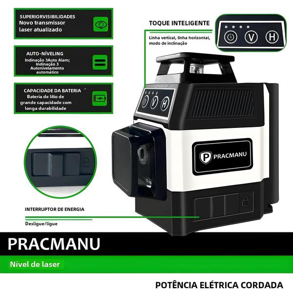 Imagem de Nível a Laser 3D de 12 Linhas Pracmanu - Mini, Verde, Auto Nivelante