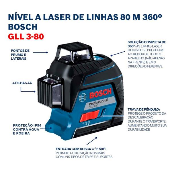 Imagem de Nível à laser com 3 linhas 360 alcance de 30 metros - GLL3-80 - Bosch