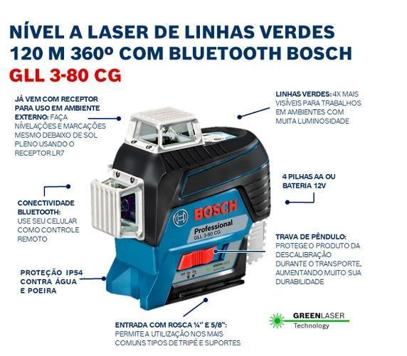 Nivel A Laser Gll 3-80 Cg 120m Linhas Verde Com Receptor Lr7 - Bosch Imagem de Nivel A Laser Gll 3-80 Cg 120m Linhas Verde Com Receptor Lr7