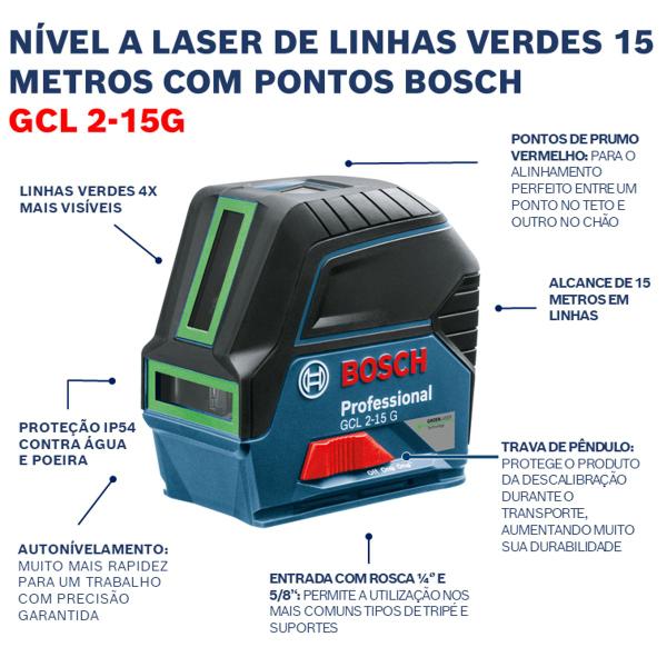 Imagem de Nível à Laser Profissional Bosch GCL 2-15 G com Linhas Verdes Cruzadas e com Base Magnética + Maleta (0 601 066 J00)