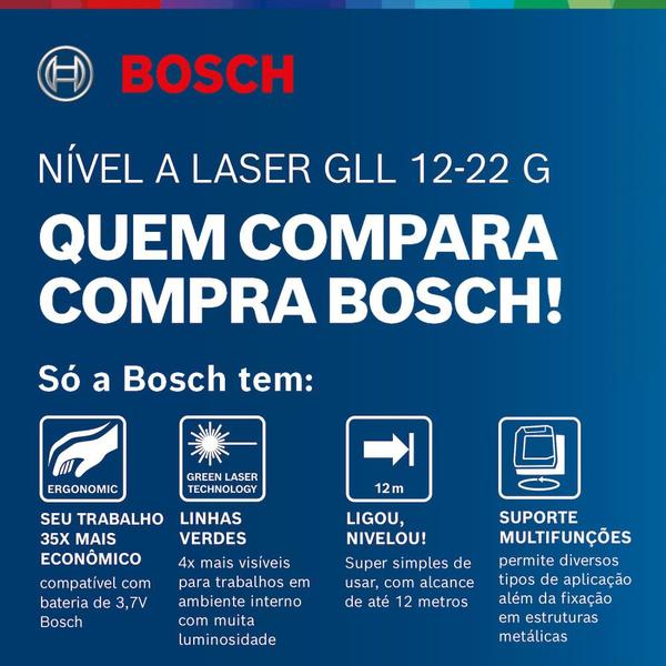 Imagem de Nível a laser verde 2 linhas alcance de 12 m com suporte giratório acoplado - GLL 12-22 G - Bosch