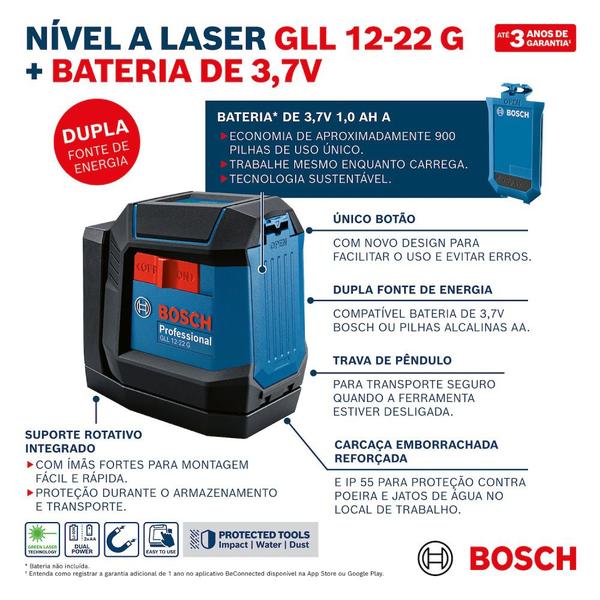 Imagem de Nível a laser verde 2 linhas alcance de 12 m com suporte giratório acoplado - GLL 12-22 G - Bosch