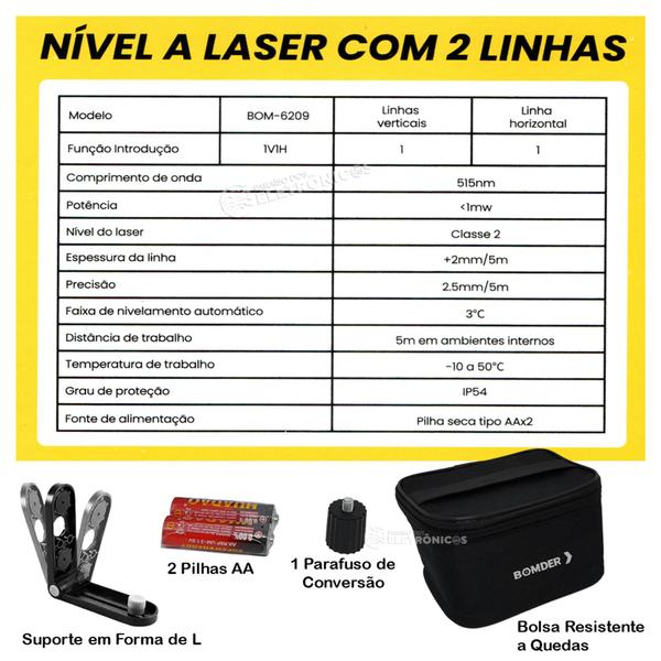 Imagem de Nível A Laser Verde 2 Linhas Profissional Com Suporte Botão ON/OFF BOM6209