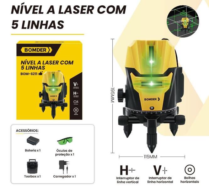 Imagem de Nível A Laser Verde 5 Linhas Alerta Giratória Recarregável Com Maleta Profissional - BOMDER