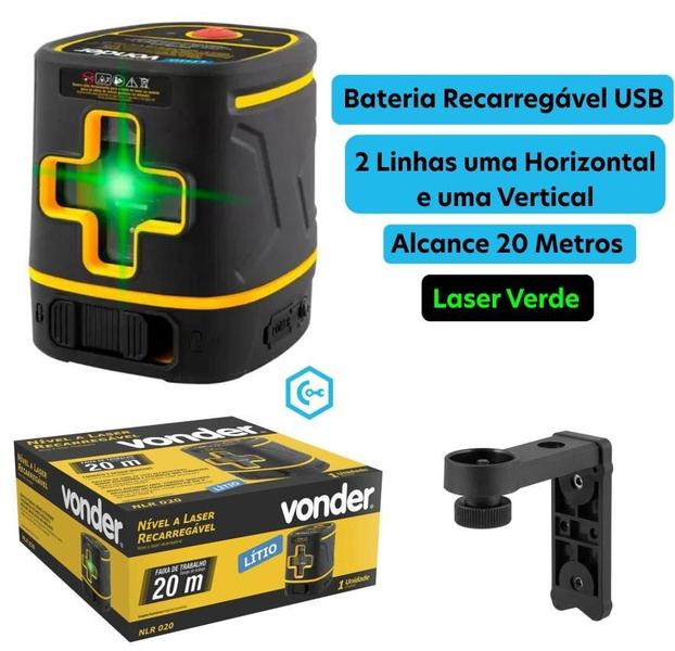 Imagem de Nível A Laser Vonder 2 Linhas Verdes 20 Metros Bateria Lítio