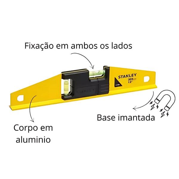 Imagem de Nivel Alumínio Bolha Gp Base Magnética 12p 305mm Stanley