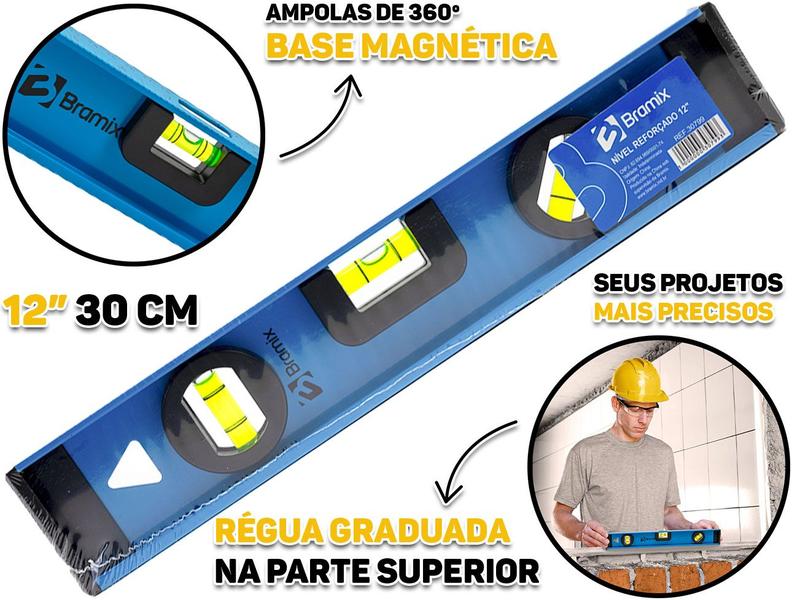 Imagem de Nível Alumínio Reforçado Base Magnética Três Bolhas Com Régua Profissional 12 Polegadas Bramix