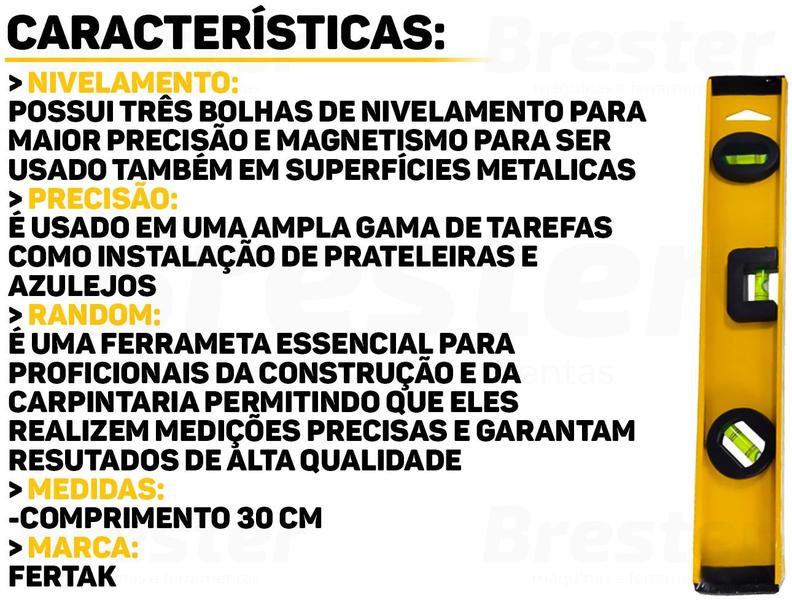 Imagem de Nível Alumínio Reforçado Profissional Com Base Magnética Três Bolhas 12 Polegadas 30cm Fertak