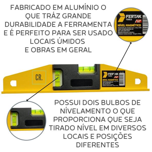 Imagem de Nível de Alumínio Com Base Magnética Fertak 12" 30cm Nivel de Mão Com Imã Para Nivelamento Prumo Estruturas Metálicas.