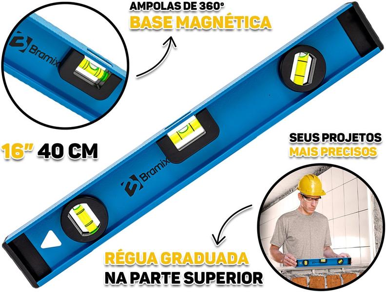 Nível De Alumínio Reforçado Com Base Magnética Três Bolhas Profissional 16 Polegadas Bramix Imagem de Nível De Alumínio Reforçado Com Base Magnética Três Bolhas Profissional 16 Polegadas Bramix