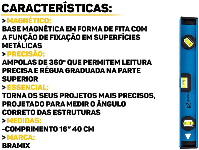 Nível De Alumínio Reforçado Com Base Magnética Três Bolhas Profissional 16 Polegadas Bramix Imagem de Nível De Alumínio Reforçado Com Base Magnética Três Bolhas Profissional 16 Polegadas Bramix