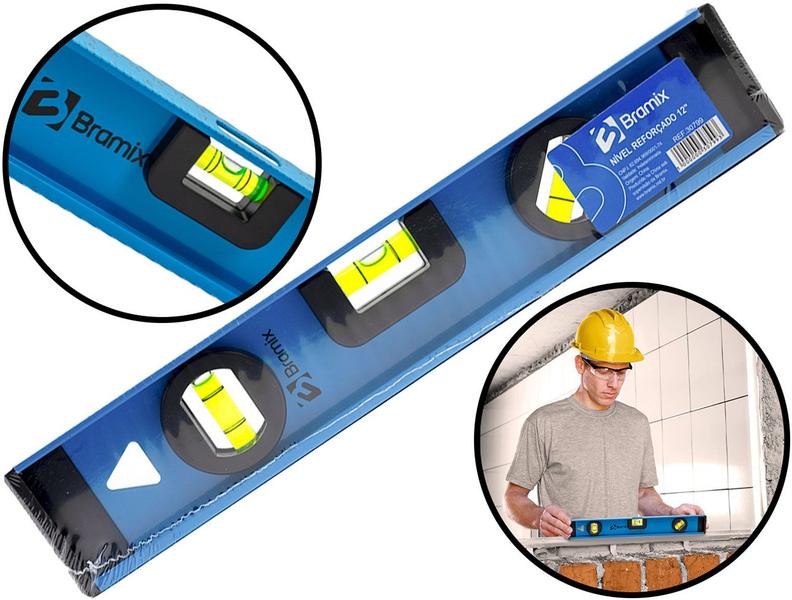 Imagem de Nível De Alumínio Reforçado Com Base Magnética Três Bolhas Profissional 16 Polegadas Bramix