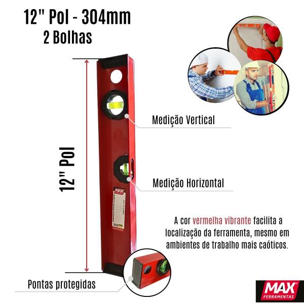 Imagem de Nível de Aluminio Regua Prumo Medição 12 Pol. 30cm 2 Bolhas