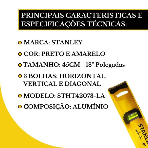 Imagem de Nível De Mão 3 Bolhas Stanley Alumínio 18'' 45cm Profissional Para Nivelamento Construção Pedreiro