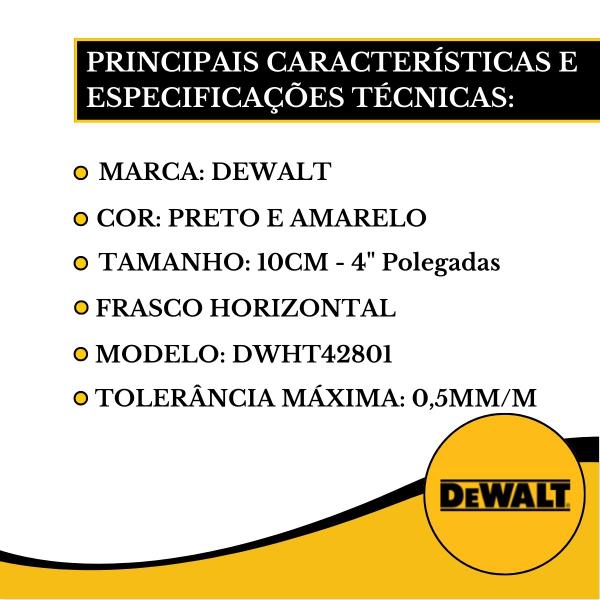 Imagem de Nível De Mão Dewalt 4'' 10cm Com Bolha Alumínio E Base Magnética Gancho para Cintura Construção DWHT42801Portátil