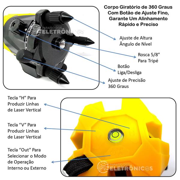 Imagem de Nível Laser Com 5 Linhas Verde Profissional 360 Recarregável 20 Metros BOM6211