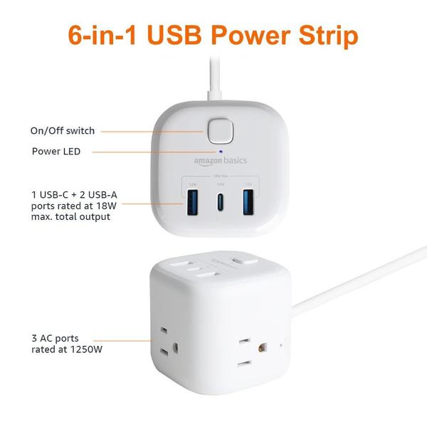 Imagem de Noções básicas: Power Strip 3, 3 portas USB, 1 USB-C