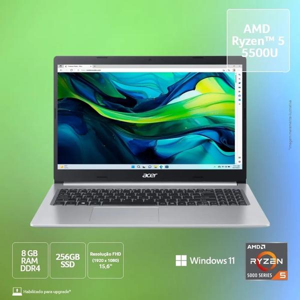 Imagem de Notebook Acer A515-45-R5AT AMD Ryzen 5 5500U 8GB SSD 256GB 15,6 FHD Windows 11 Home Bivolt - NX.AYDAL00H