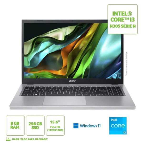 Imagem de Notebook Acer Aspire 3 i3 W11 256GB de memória 8GB Ram tela 15.6'' PURE SILVER A315-510P-34XC