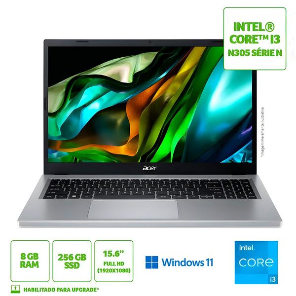 Imagem de Notebook Acer Aspire 3, Intel Core i3-N305, 8GB RAM 256GB SSD, Série N, 15.6" LED Full HD, Windows 11, A315-510P-34XC