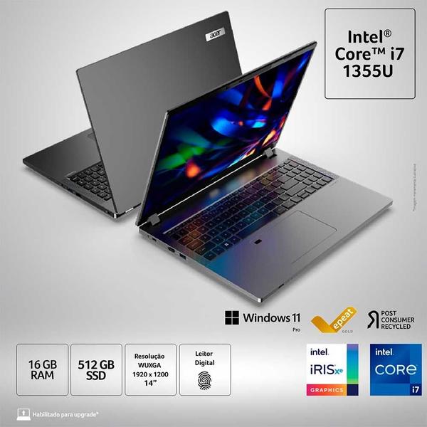 Imagem de Notebook Acer Travel Mate TMP214-55-70G2, Windows 11 PRO, 14" FullHD IPS, Intel Core i7-1355U, 16GB, SSD 512GB - NX.B5CAL.002