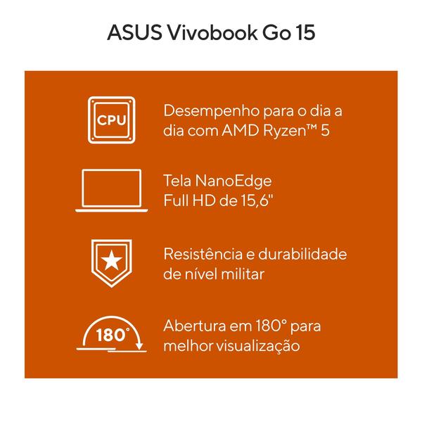 Imagem de Notebook ASUS Vivobook Go E1504FA AMD Ryzen 5 7520U 8GB Ram 256GB SSD Windows 11 Tela 15,6" FHD Black - NJ825W