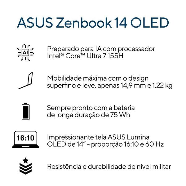 Imagem de Notebook ASUS ZenBook 14, Intel Core Ultra i7-155H, 16GB/1TB SSD, Tela 14" OLED, Win11 - UX3405MA-QD344W