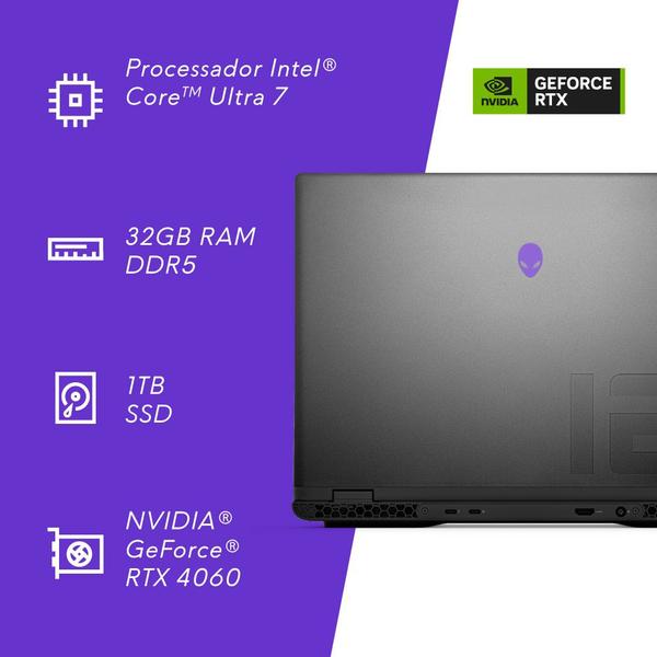 Notebook Dell Alienware m16 R2 AW16-U7155H-M20P 16" QHD+ Intel Core Ultra 7 32GB 1TB SSD RTX 4060 Win 11 Imagem de Notebook Dell Alienware m16 R2 AW16-U7155H-M20P 16" QHD+ Intel Core Ultra 7 32GB 1TB SSD RTX 4060 Win 11