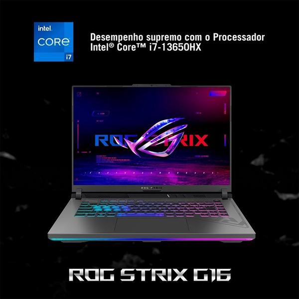 Imagem de Notebook Gamer ASUS ROG Strix G16 Intel Core i7-13650HX, 8GB RAM, RTX 4050, SSD 512GB, 16"FHD 165Hz IPS, KeepOS, Eclipse Gray - G614JU-N3367