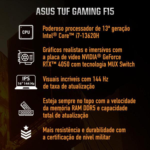 Imagem de Notebook Gamer ASUS TUF Gaming F15FX507VU RTX4050 Core i7 13620H 8Gb Ram 512Gb SSD Linux KeepOS 15,6" FHD144Hz Gray- LP151