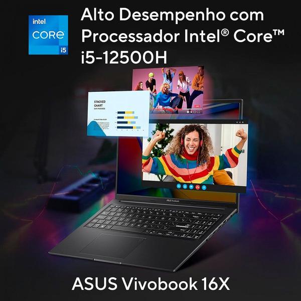 Imagem de Notebook Gamer Asus Vivobook 16X 16 FHD+ 120Hz I5-12500H SSD 512GB 8GB RTX 2050 4GB Win 11 Home Preto