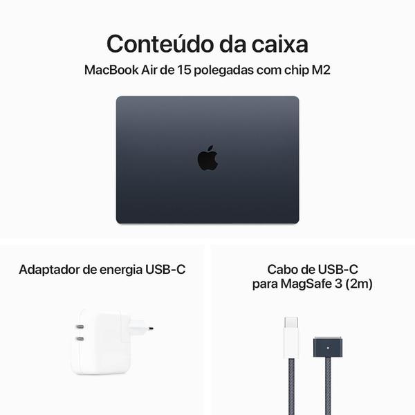 Imagem de Notebook Macbook Air Apple, Tela de Retina 15", M2, 8GB RAM, CPU 8 Núcleos, GPU 10 Núcleos, SSD 512GB, Meia-noite - MQKX3BZ/A