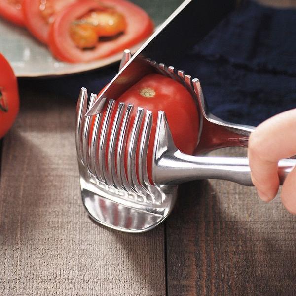 Imagem de Nova ferramenta de corte de tomate fatiador de tomate de aço inoxidável portátil, tritura a ferramenta de cozimento do suporte de corte de limão,  Fatiadores Manuais