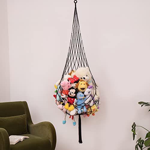 Imagem de Novel Stuffed Animal Net ou Rede Macramê Plush Toy Display - Um gancho apenas! Conveniente para cantos, paredes e teto de rede suspensa, armazenamento de animais de coisas para sala de criança Quarto Playroom-Preto