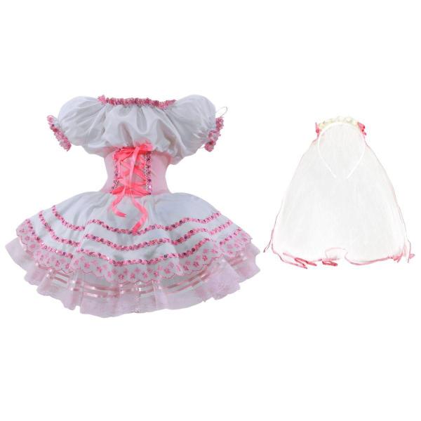 Imagem de Novinha Caipira Bebe Menina Vestido de Luxo Branco e Rosa Com Corselet Ajustável Com Tiara e Véu de 0 a 2 anos