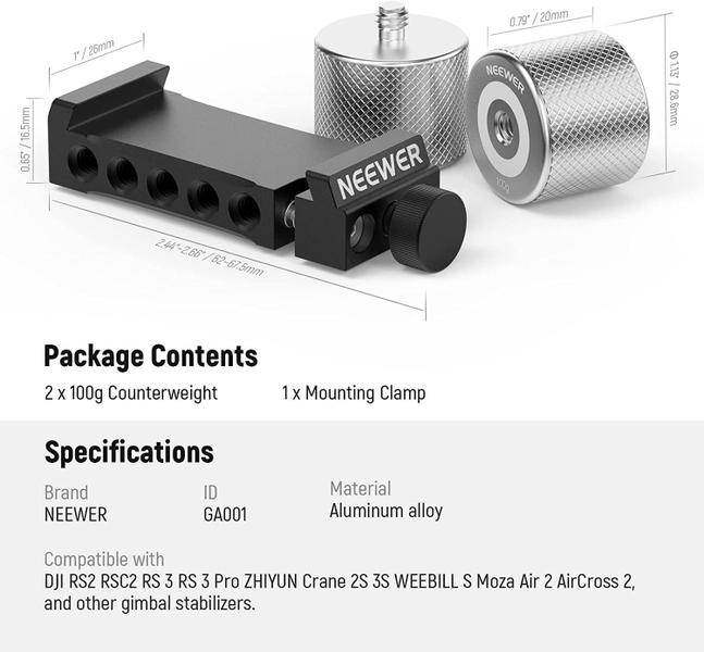 Novo kit de contrapesos e grampos de cardan para DJI e ZHIYUN - Neewer Imagem de Novo kit de contrapesos e grampos de cardan para DJI e ZHIYUN